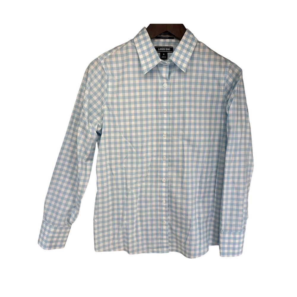 Lands' End Blue & White Gingham Button-Down Shirt